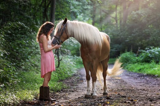 woman-wearing-pink-dress-standing-next-to-brown-horse-1090408